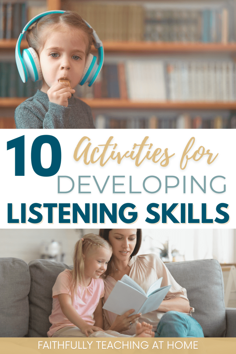 10 activities for developing listening skills for preschoolers with picture of a little girl with headphones and a pic of a mom reading to 2 little girls