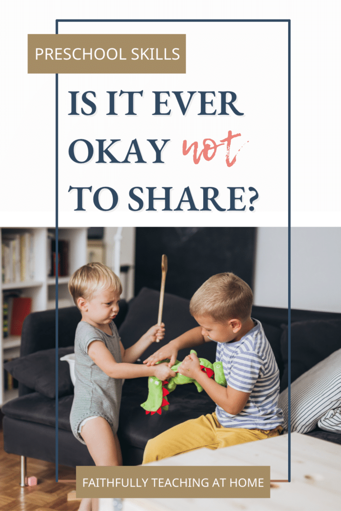 Importance of Sharing: is it ever okay not to share? with picture of two preschoolers fighting over a toy