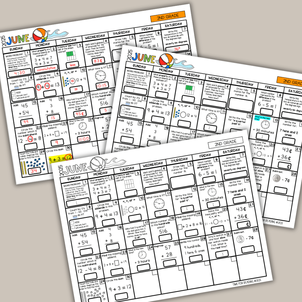 Summer Math Review Calendars for kindergarten, 1st grade, and 2nd grade