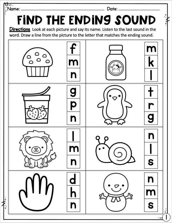 sample of ending sounds worksheet
