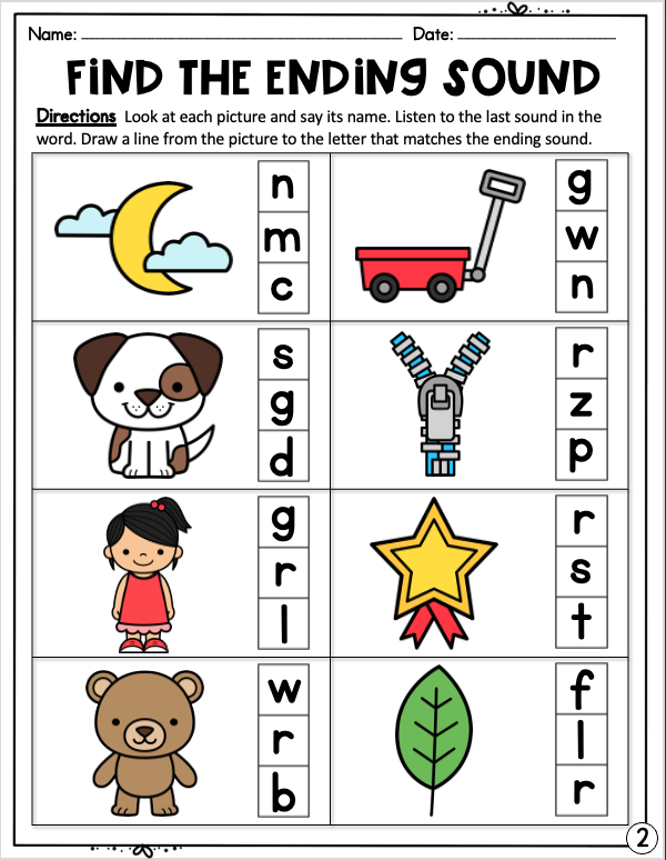 sample of ending sounds worksheet